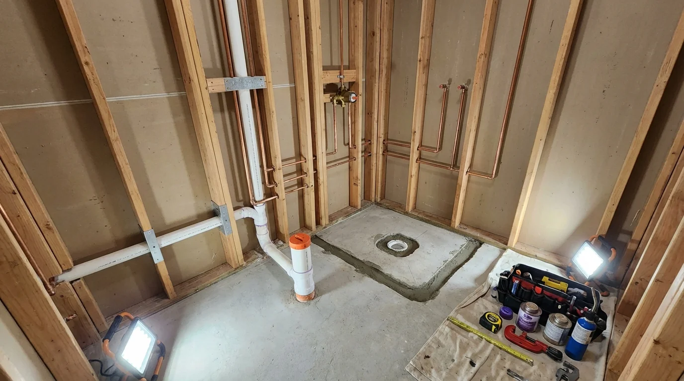 Bathroom rough-in plumbing during remodel by Johns Plumbing LLC in Dunstable
