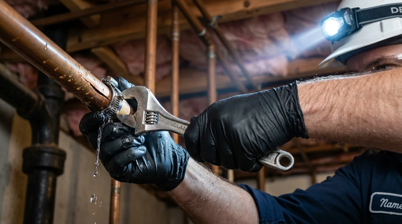 Emergency pipe clamp repair being performed by a Johns Plumbing LLC plumber in Dunstable