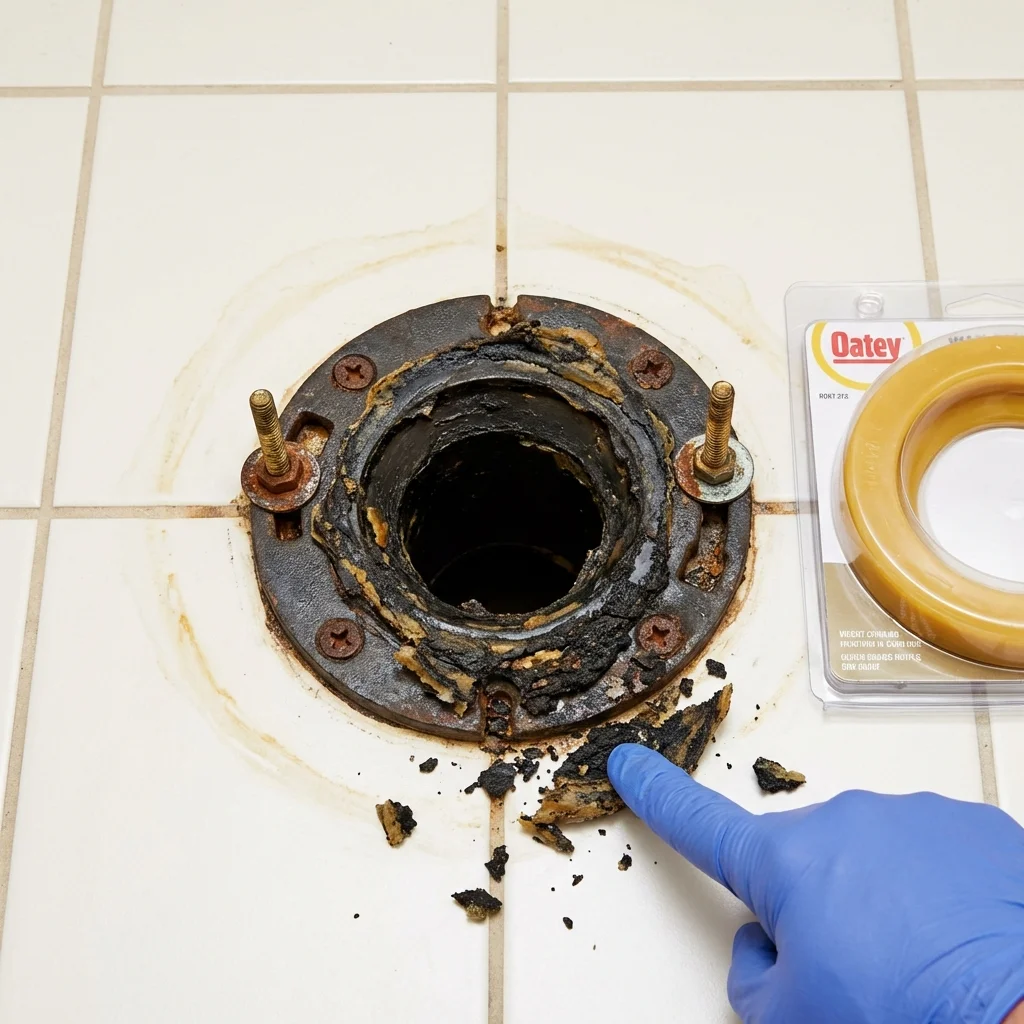 Failed wax ring showing water seepage at the base of a toilet in a Dunstable, MA home