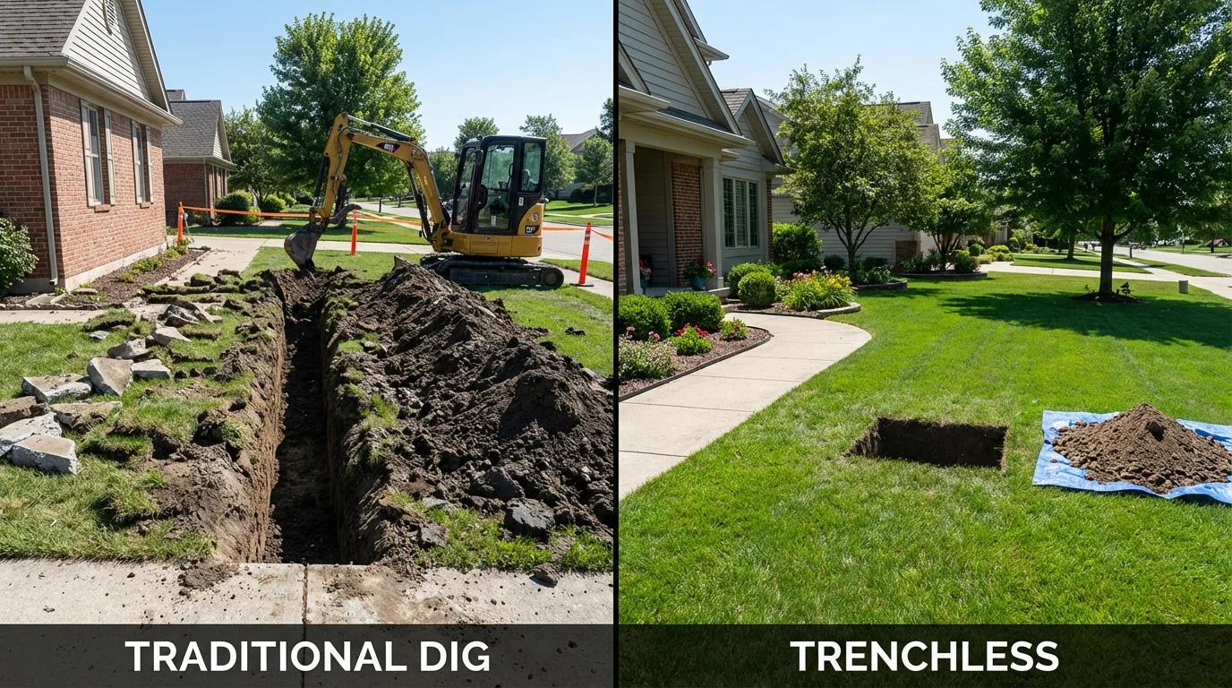 Trenchless sewer repair with minimal yard damage versus traditional excavation in Dunstable, MA