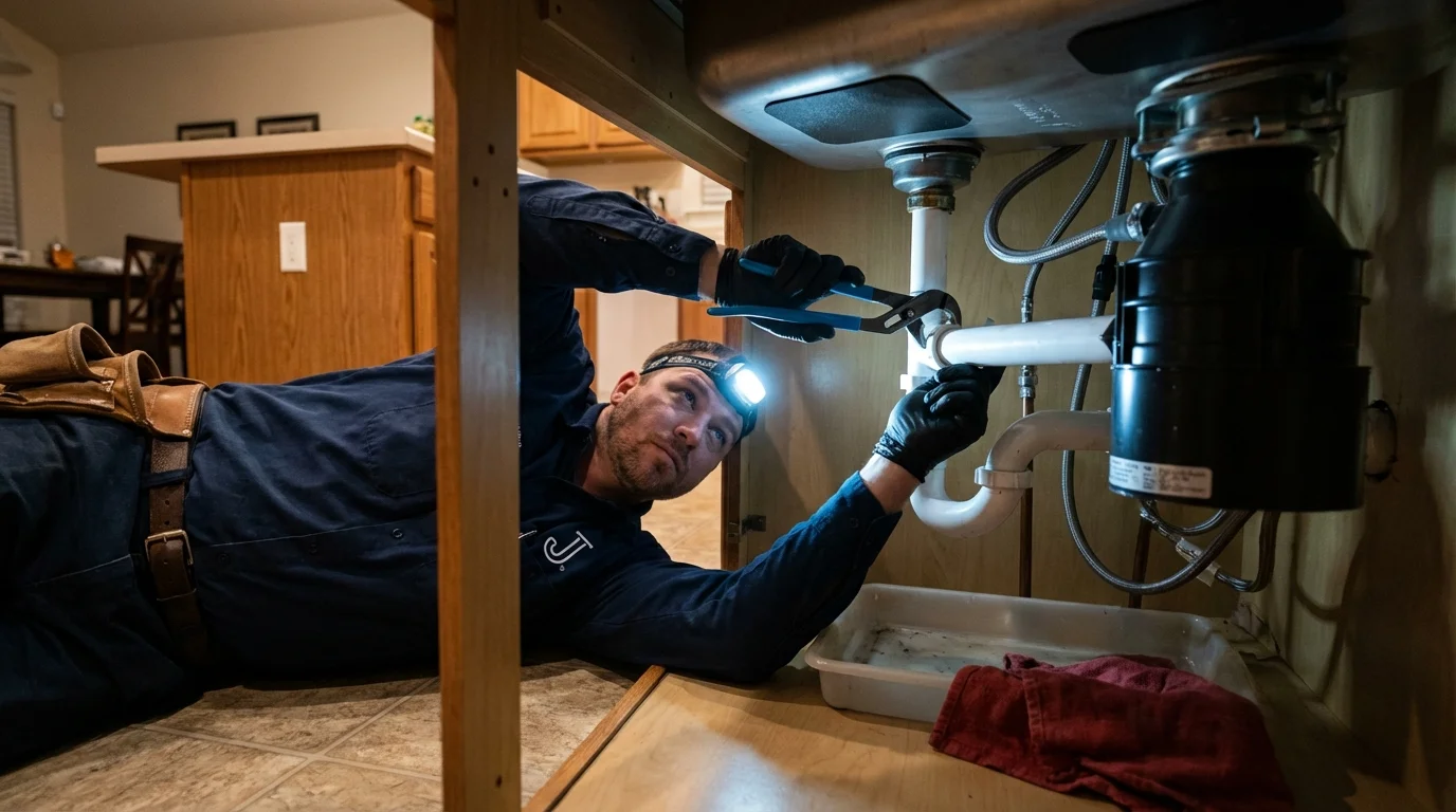 P-trap and supply line connections under a kitchen sink showing a common leak point in Dunstable, MA